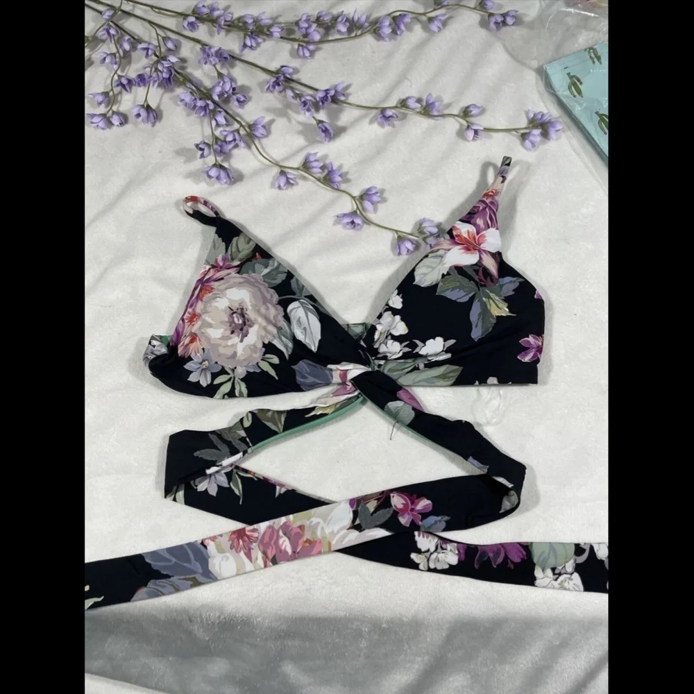 NEW Becca [ Small ]‎ Spring Fling Wrap Top + Bikini Bottoms in Black Floral